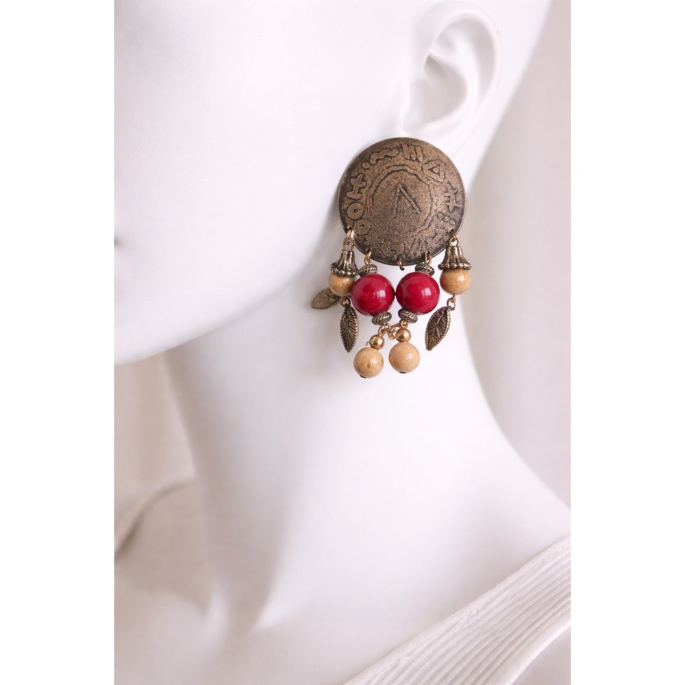 Vintage Ethnic Tribal Dangle Earrings Red Bead Boho Statement Clip-On Earrings
